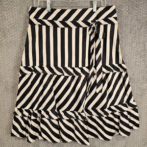 Ann Taylor Loft Striped Tiered Midi Skirt Black Cream Cotton Size 10 Side Tie